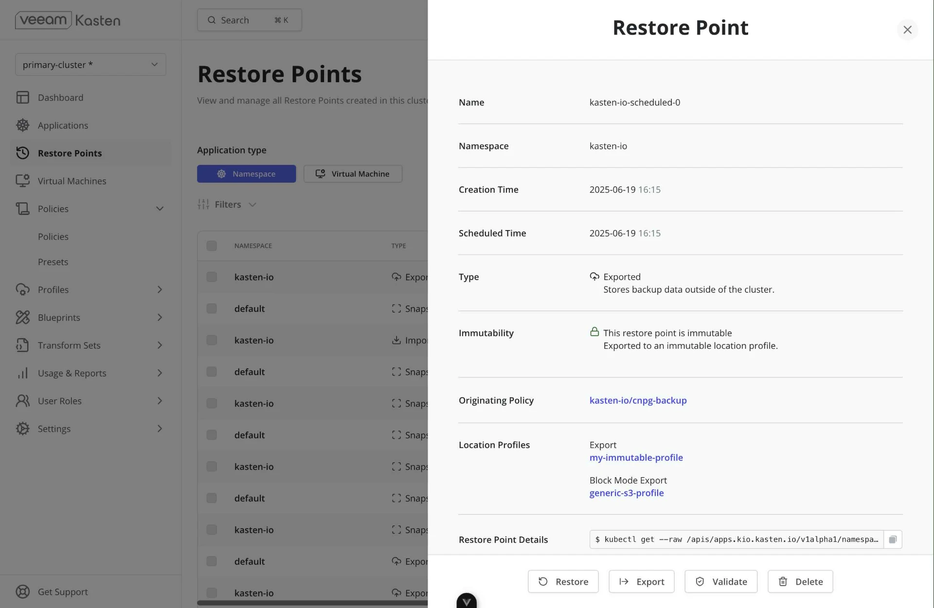 Kubernetes backup and recovery management screen. Manage backup and recovery strategies for applications and data.