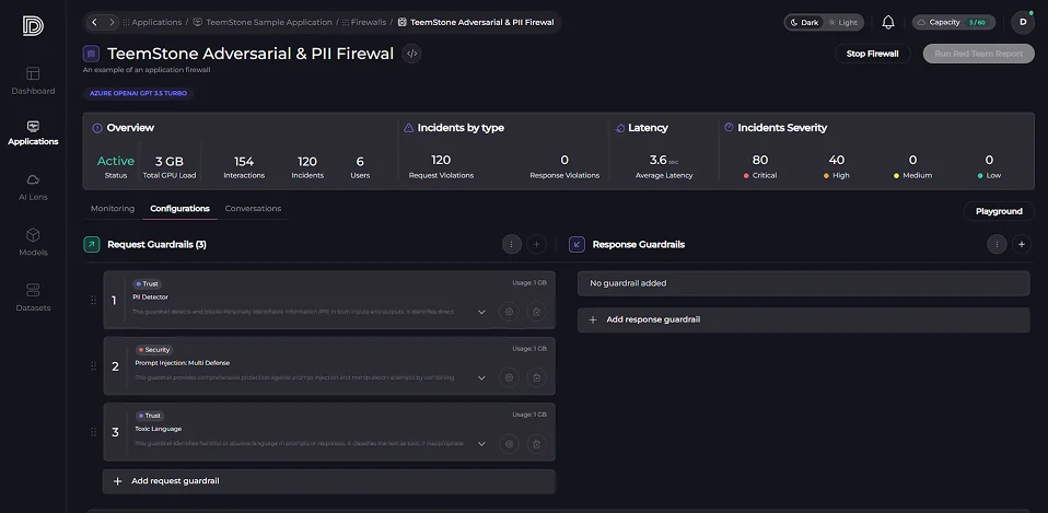 Generative AI guardrail policy settings screen. Provides protection mechanisms to ensure the safety of input and output data.
