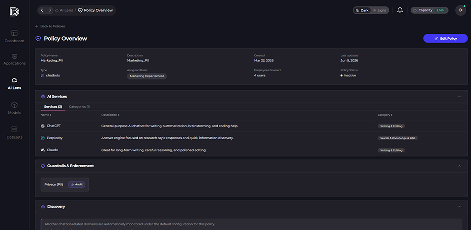 Role-based AI usage policy management screen. Granularly manage permissions to AI resources with role-specific access control.